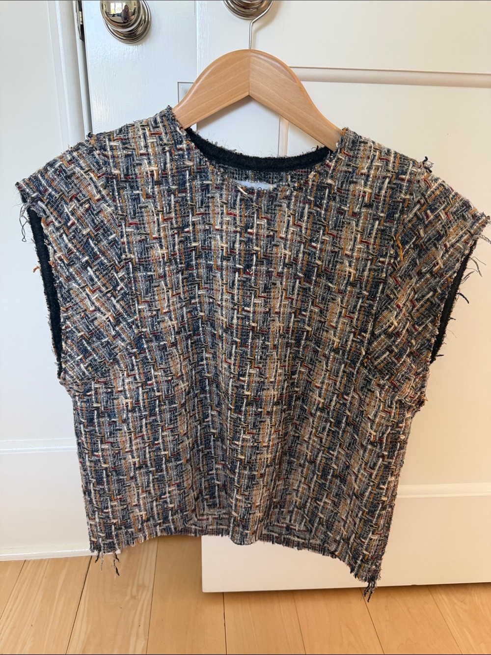 IRO Multicolor Tweed Sleeveless Top — Navy, Cream, Tan, Rust Accents